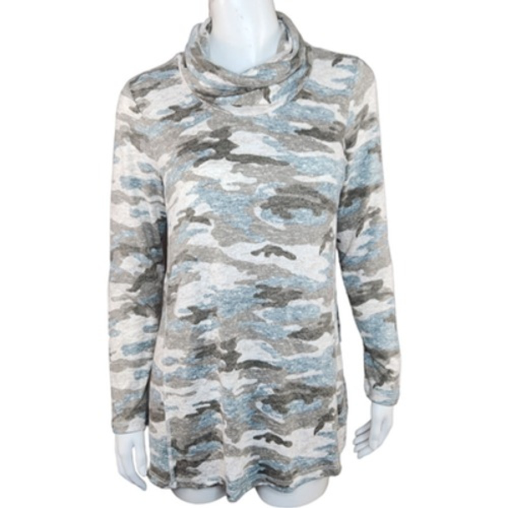 Susan Graver Weekend Regular Neutral Camo Sweater Knit‎ Cowl-Neck Tunic X-Small